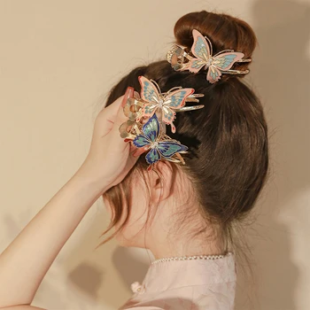 Цветни аксесоари за коса с имитация на перли от сплав, шнола за коса с нарисувана една пеперуда, женски скоба за захващане на висока опашка, скоба в древен стил
